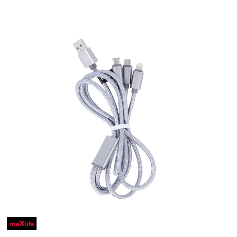 Cabluri de date telefoane - Cablu de date Maxlife, 3 in 1, USB-A - Lightning / USB-C / Micro USB, 1 m, 2,1A, gri