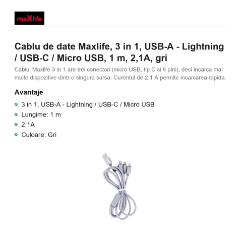 Cablu de date Maxlife, 3 in 1, USB-A - Lightning / USB-C / Micro USB, 1 m, 2,1A, gri [1]