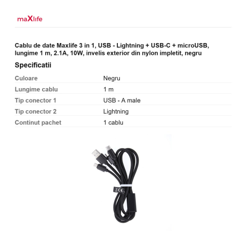 Cablu de date Maxlife 3 in 1, USB - Lightning + USB-C + microUSB, lungime 1 m, 2.1A, 10W, invelis exterior din nylon impletit, negru [2]