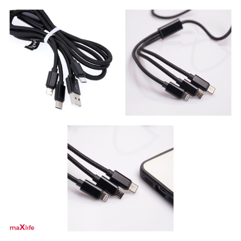Cablu de date Maxlife 3 in 1, USB - Lightning + USB-C + microUSB, lungime 1 m, 2.1A, 10W, invelis exterior din nylon impletit, negru [3]
