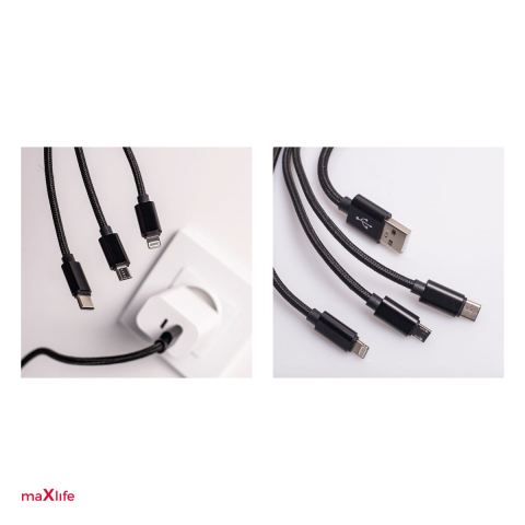 Cablu de date Maxlife 3 in 1, USB - Lightning + USB-C + microUSB, lungime 1 m, 2.1A, 10W, invelis exterior din nylon impletit, negru [4]