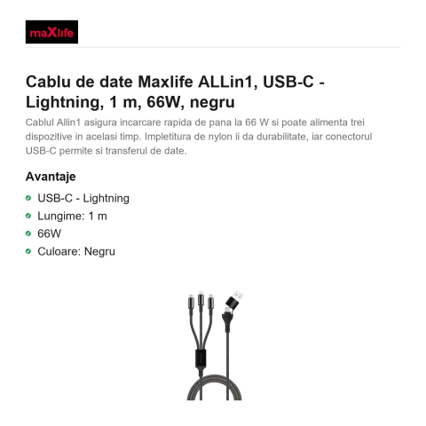 Cablu de date Maxlife ALLin1, USB-C - Lightning, 1 m, 66W, negru [1]