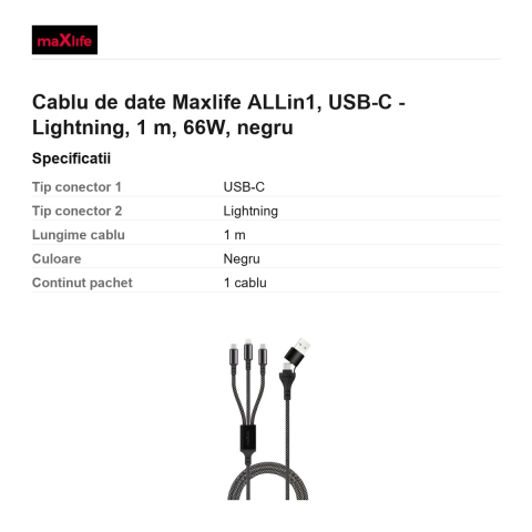 Cablu de date Maxlife ALLin1, USB-C - Lightning, 1 m, 66W, negru [2]