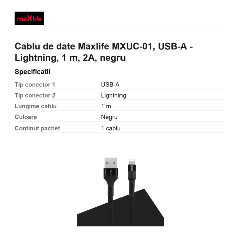 Cablu de date Maxlife MXUC-01, USB-A - Lightning, 1 m, 2A, negru [2]