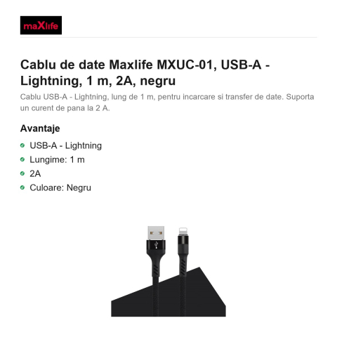 Cablu de date Maxlife MXUC-01, USB-A - Lightning, 1 m, 2A, negru [1]