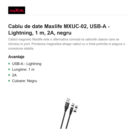 Cablu de date Maxlife MXUC-02, USB-A - Lightning, 1 m, 2A, negru [1]