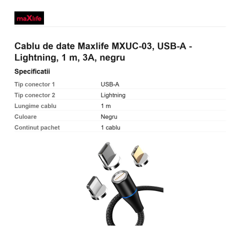 Cablu de date Maxlife MXUC-03, USB-A - Lightning, 1 m, 3A, negru [2]