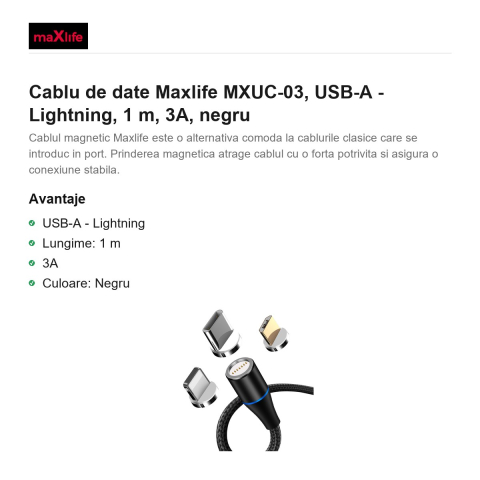 Cablu de date Maxlife MXUC-03, USB-A - Lightning, 1 m, 3A, negru [1]