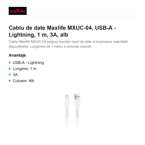 Cablu de date Maxlife MXUC-04, USB-A - Lightning, 1 m, 3A, alb [1]