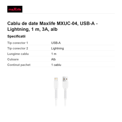 Cablu de date Maxlife MXUC-04, USB-A - Lightning, 1 m, 3A, alb [2]