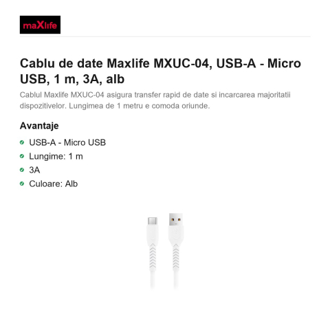 Cablu de date Maxlife MXUC-04, USB-A - Micro USB, 1 m, 3A, alb [1]