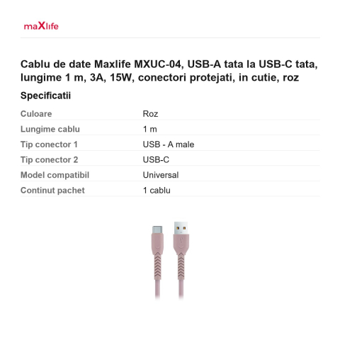 Cablu de date Maxlife MXUC-04, USB-A tata la USB-C tata, lungime 1 m, 3A, 15W, conectori protejati, in cutie, roz [2]