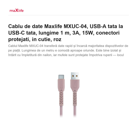 Cablu de date Maxlife MXUC-04, USB-A tata la USB-C tata, lungime 1 m, 3A, 15W, conectori protejati, in cutie, roz [1]