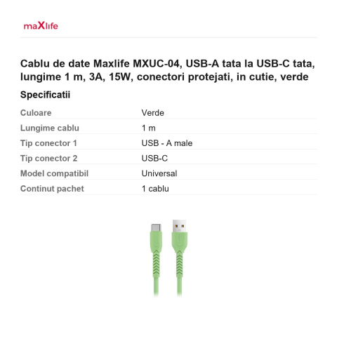 Cablu de date Maxlife MXUC-04, USB-A tata la USB-C tata, lungime 1 m, 3A, 15W, conectori protejati, in cutie, verde [2]