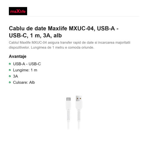 Cablu de date Maxlife MXUC-04, USB-A - USB-C, 1 m, 3A, alb [1]