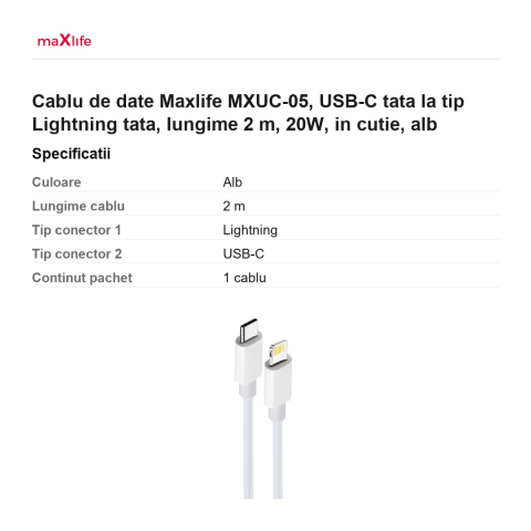 Cablu de date Maxlife MXUC-05, USB-C tata la tip Lightning tata, lungime 2 m, 20W, in cutie, alb [2]