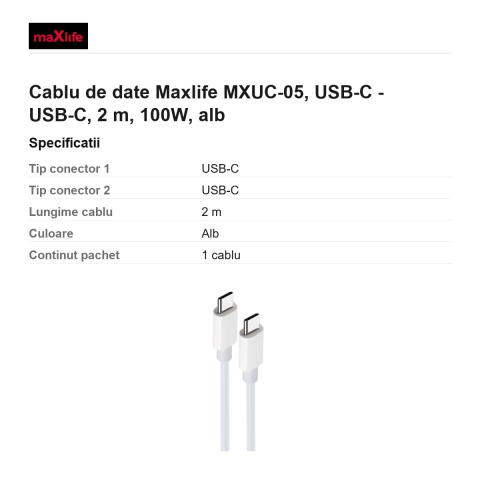Cablu de date Maxlife MXUC-05, USB-C - USB-C, 2 m, 100W, alb [2]