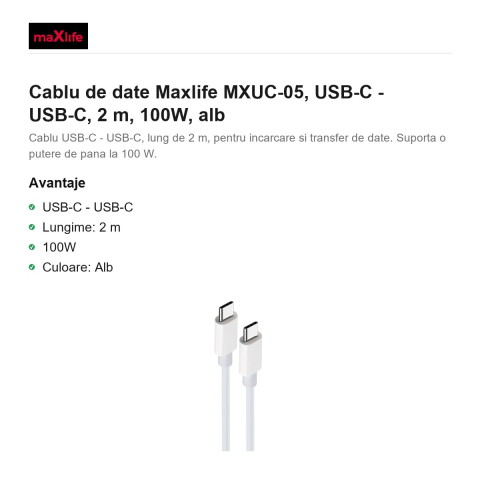 Cablu de date Maxlife MXUC-05, USB-C - USB-C, 2 m, 100W, alb [1]