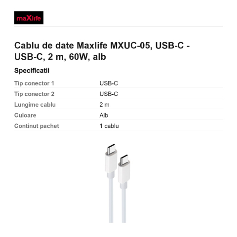 Cablu de date Maxlife MXUC-05, USB-C - USB-C, 2 m, 60W, alb [2]