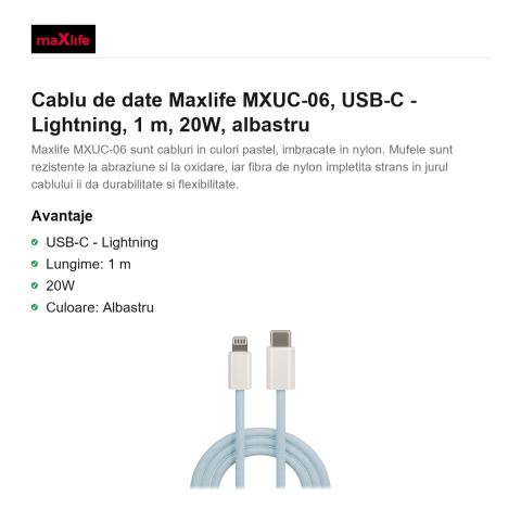 Cablu de date Maxlife MXUC-06, USB-C - Lightning, 1 m, 20W, albastru [1]