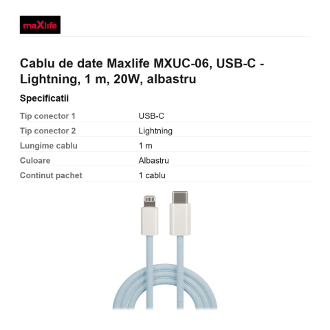 Cablu de date Maxlife MXUC-06, USB-C - Lightning, 1 m, 20W, albastru [2]