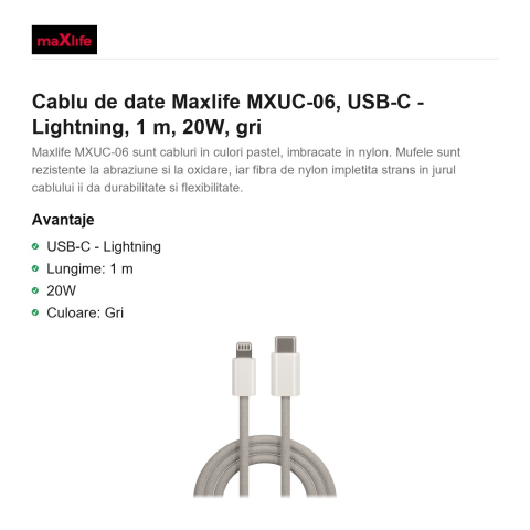 Cablu de date Maxlife MXUC-06, USB-C - Lightning, 1 m, 20W, gri [1]