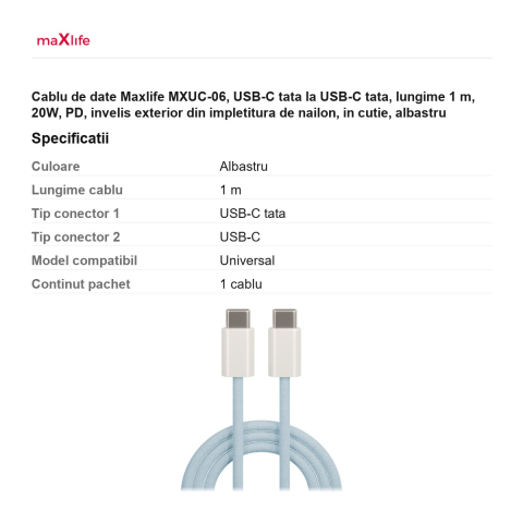 Cablu de date Maxlife MXUC-06, USB-C tata la USB-C tata, lungime 1 m, 20W, PD, invelis exterior din impletitura de nailon, in cutie, albastru [2]