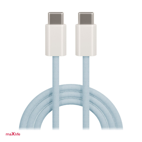 Accesorii IT - Cablu de date Maxlife MXUC-06, USB-C tata la USB-C tata, lungime 1 m, 20W, PD, invelis exterior din impletitura de nailon, in cutie, albastru