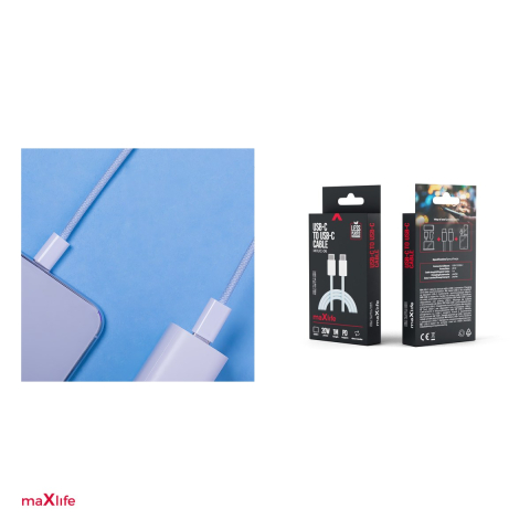 Cablu de date Maxlife MXUC-06, USB-C tata la USB-C tata, lungime 1 m, 20W, PD, invelis exterior din impletitura de nailon, in cutie, albastru [4]