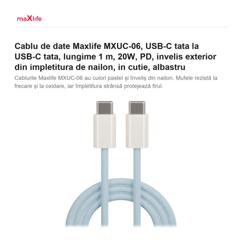 Cablu de date Maxlife MXUC-06, USB-C tata la USB-C tata, lungime 1 m, 20W, PD, invelis exterior din impletitura de nailon, in cutie, albastru [1]