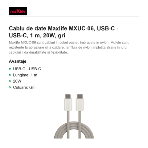 Cablu de date Maxlife MXUC-06, USB-C - USB-C, 1 m, 20W, gri [1]