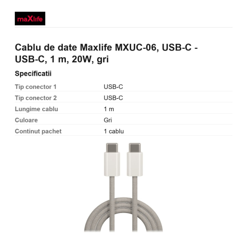 Cablu de date Maxlife MXUC-06, USB-C - USB-C, 1 m, 20W, gri [2]
