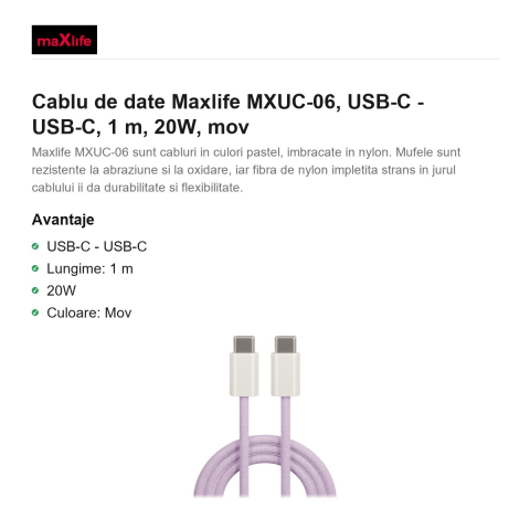 Cablu de date Maxlife MXUC-06, USB-C - USB-C, 1 m, 20W, mov [1]