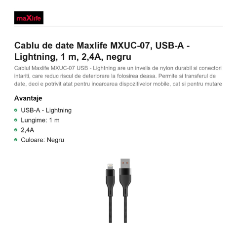Cablu de date Maxlife MXUC-07, USB-A - Lightning, 1 m, 2,4A, negru [1]
