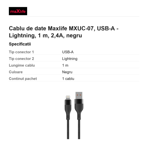 Cablu de date Maxlife MXUC-07, USB-A - Lightning, 1 m, 2,4A, negru [2]