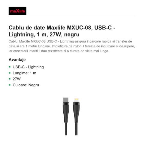 Cablu de date Maxlife MXUC-08, USB-C - Lightning, 1 m, 27W, negru [1]