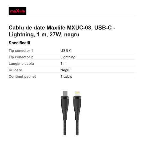 Cablu de date Maxlife MXUC-08, USB-C - Lightning, 1 m, 27W, negru [2]