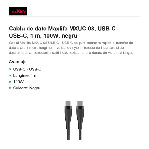 Cablu de date Maxlife MXUC-08, USB-C - USB-C, 1 m, 100W, negru [1]
