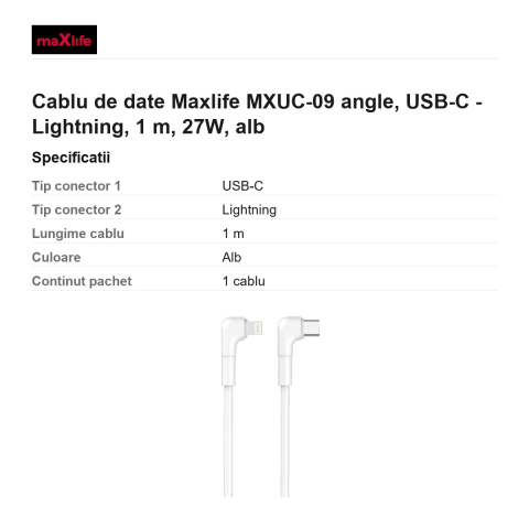 Cablu de date Maxlife MXUC-09 angle, USB-C - Lightning, 1 m, 27W, alb [2]