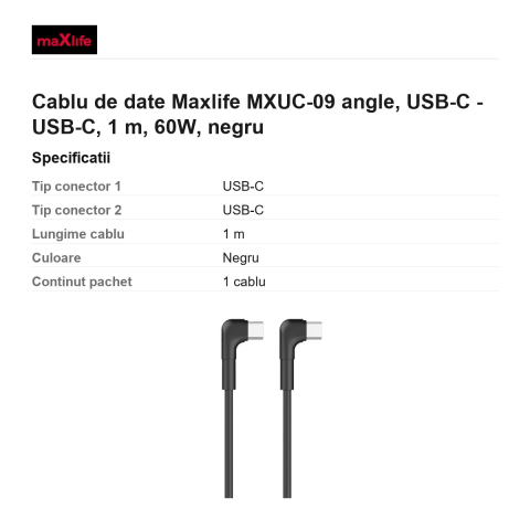 Cablu de date Maxlife MXUC-09 angle, USB-C - USB-C, 1 m, 60W, negru [2]