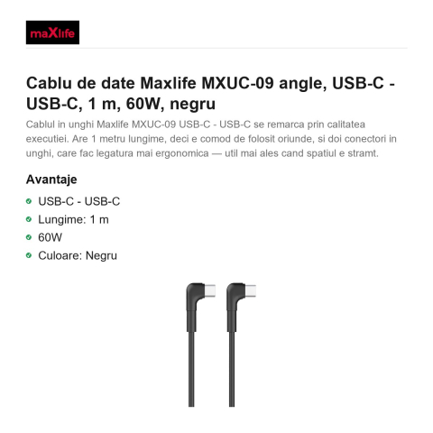 Cablu de date Maxlife MXUC-09 angle, USB-C - USB-C, 1 m, 60W, negru [1]