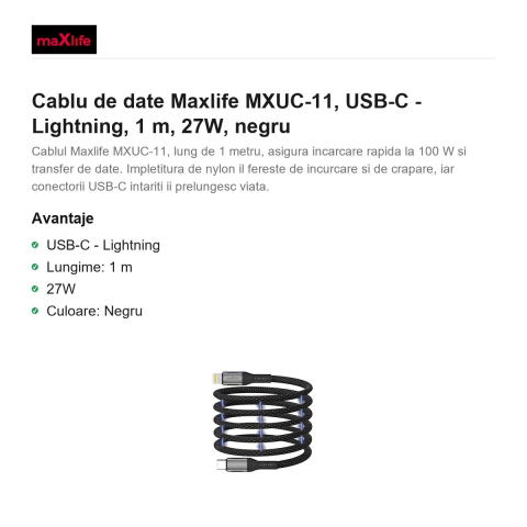 Cablu de date Maxlife MXUC-11, USB-C - Lightning, 1 m, 27W, negru [1]