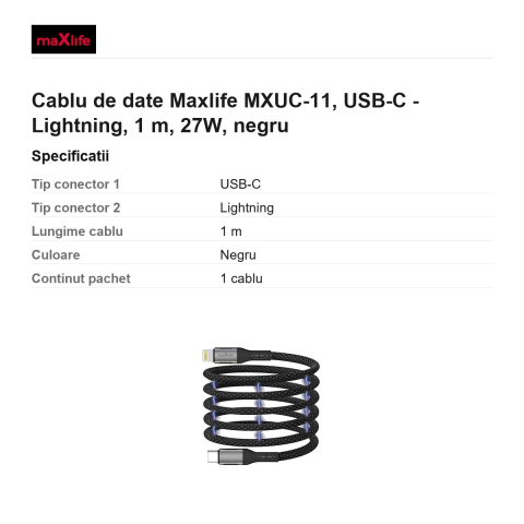 Cablu de date Maxlife MXUC-11, USB-C - Lightning, 1 m, 27W, negru [2]