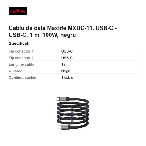 Cablu de date Maxlife MXUC-11, USB-C - USB-C, 1 m, 100W, negru [2]