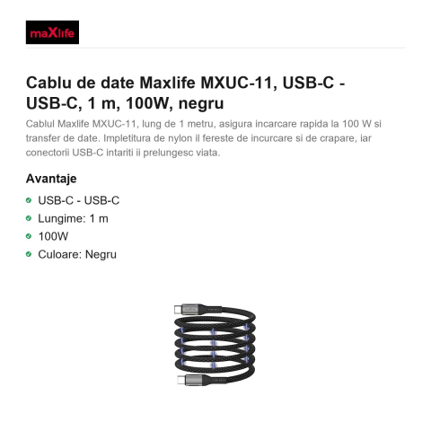 Cablu de date Maxlife MXUC-11, USB-C - USB-C, 1 m, 100W, negru [1]