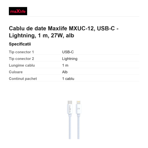 Cablu de date Maxlife MXUC-12, USB-C - Lightning, 1 m, 27W, alb [2]