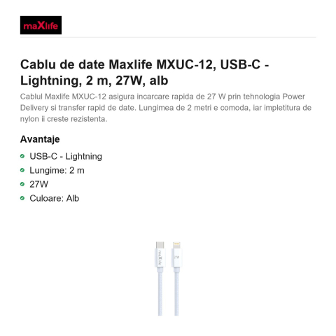Cablu de date Maxlife MXUC-12, USB-C - Lightning, 2 m, 27W, alb [1]