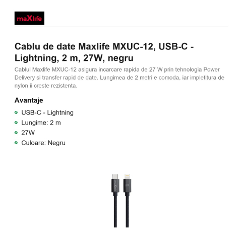 Cablu de date Maxlife MXUC-12, USB-C - Lightning, 2 m, 27W, negru [1]