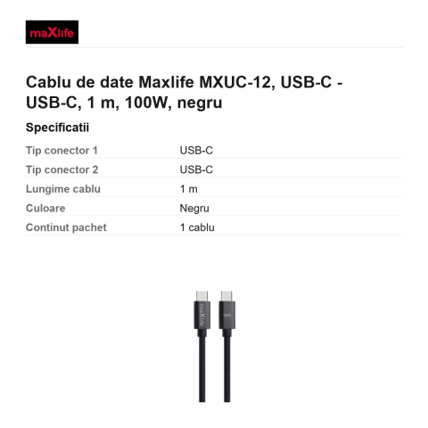 Cablu de date Maxlife MXUC-12, USB-C - USB-C, 1 m, 100W, negru [2]