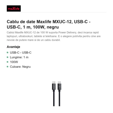 Cablu de date Maxlife MXUC-12, USB-C - USB-C, 1 m, 100W, negru [1]